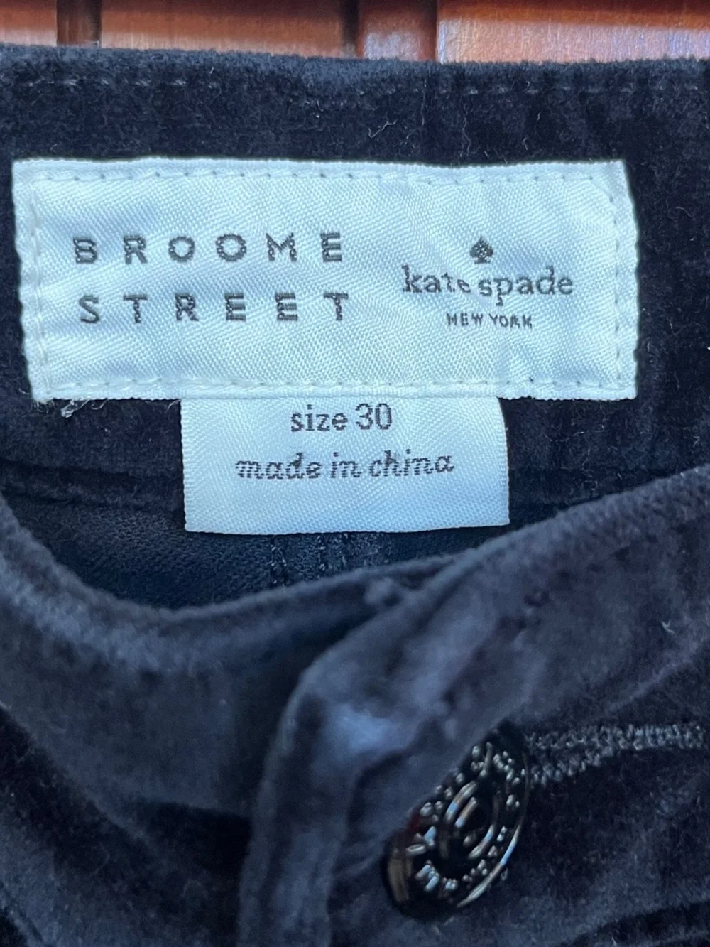 Kate Spade Broome Street Black Stretch Velveteen Streight Leg Ankle Pant SZ 30
